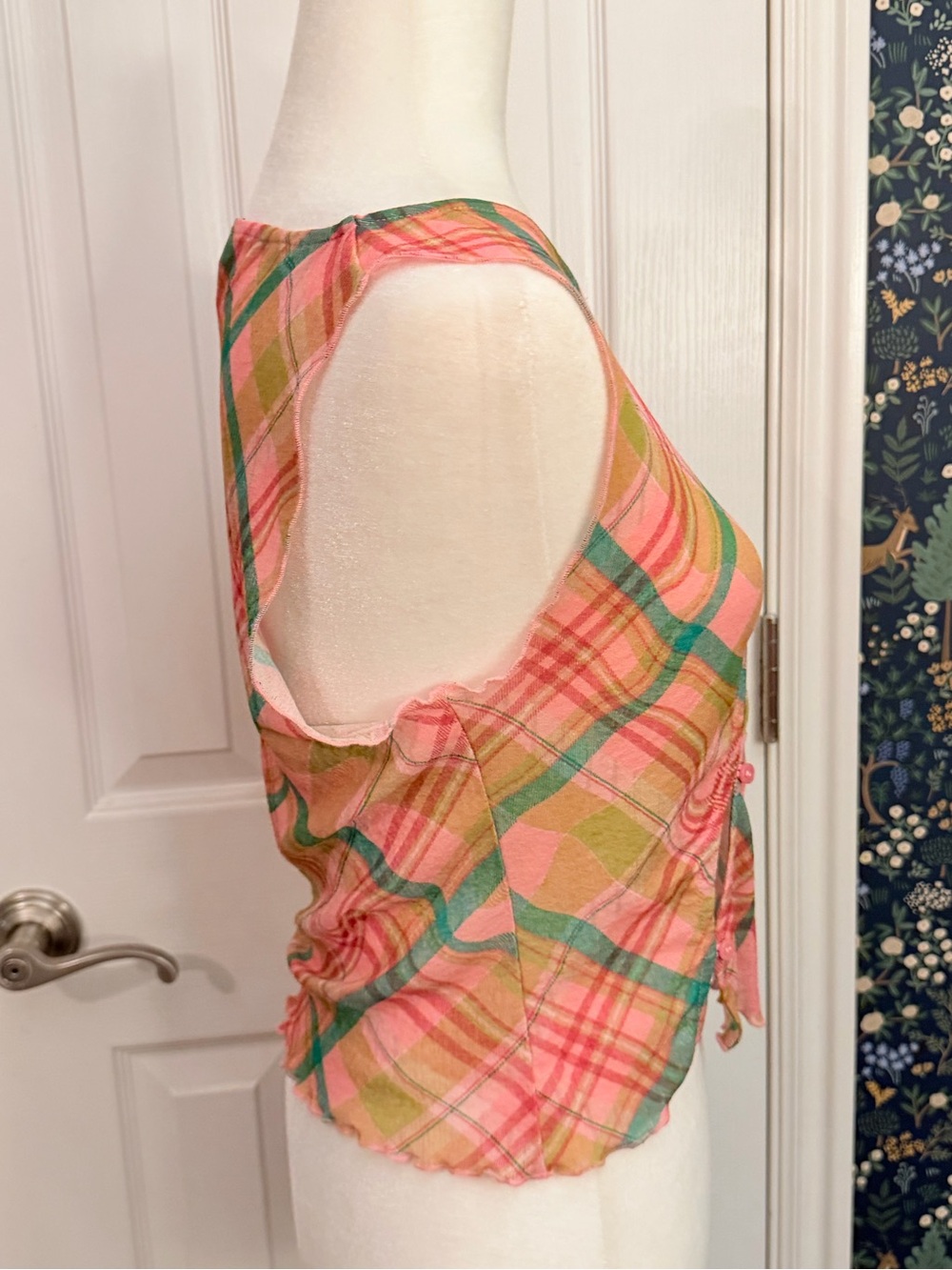 Topshop Pink and Teal Plaid Sheer Lightweight Blouse - Picture 3 of 5